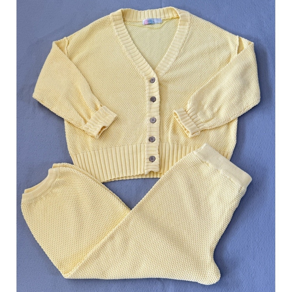 Free People Hailee Cardi Set Pants & Cardigan Waffle Yellow Tansy Sz M